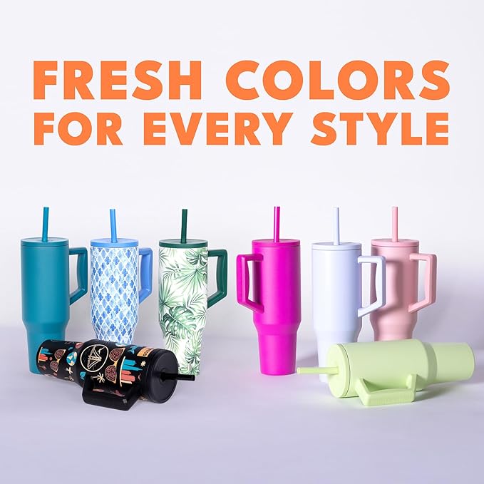 Elemental 40 oz Tumbler with Handle and Straw - Spill Proof Insulated Stainless Steel Commuter for Hot and Cold Beverages - Travel Coffee Mug with 2 Straws & Spill Proof Lid - 40oz - Vintage Flower - Bloomnest