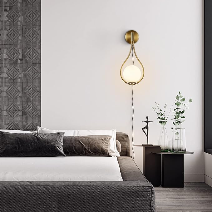 Modo Lighting Glass Ball Wall Sconce Plug in Mid Century Modern Drop Design Wall Light Brushed Brass Gold Wall Lamps for Bedside Living Room (with Plug in 2 Pack) - Bloomnest