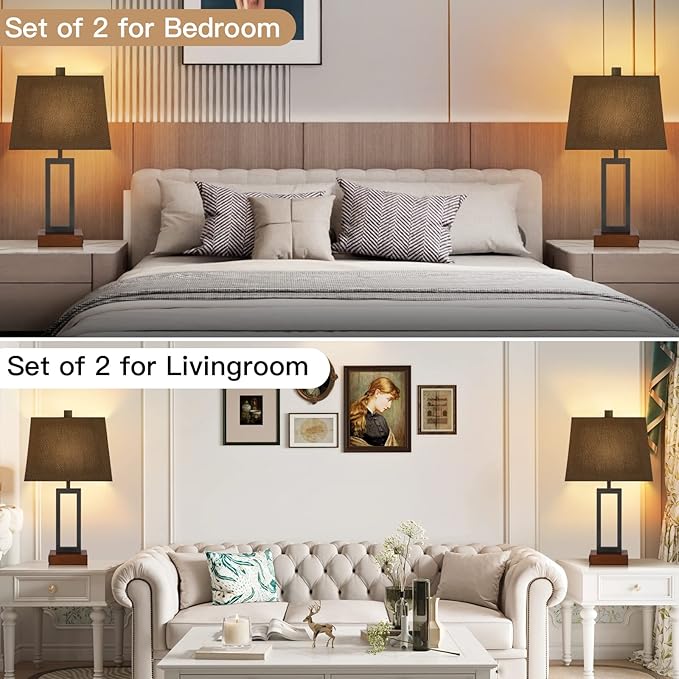 Touch Control Table Lamps Set of 2, Modern Bedside Lamps with 2 USB Charging Ports & AC Outlet, 3-Way Dimmable Wood Nightstand Lamp for Living Room Bedroom End Table Office Black(2 LED Bulbs Included) - Bloomnest