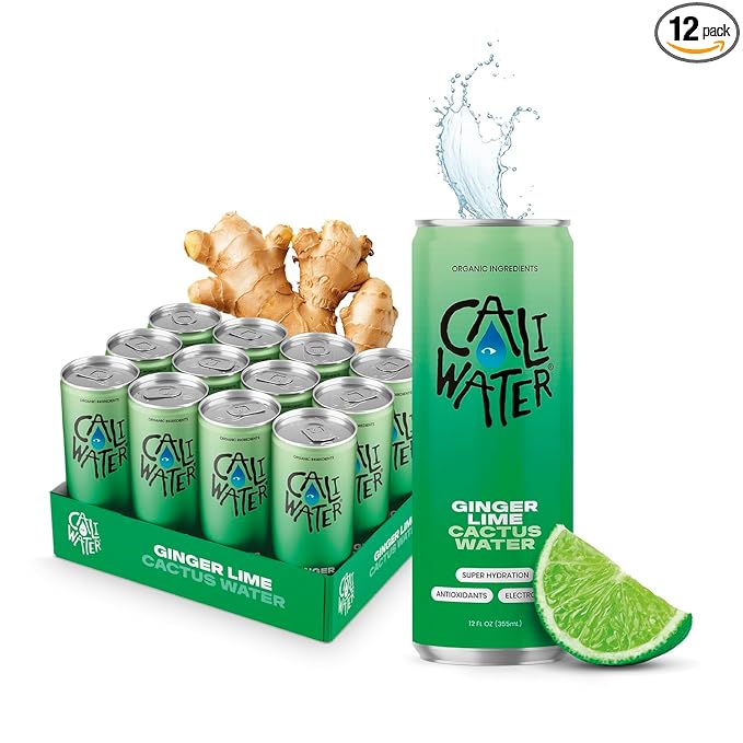 Caliwater - Organic Cactus Water - Ginger and Lime - 5g Sugar, 25 Calories - Coconut Water Alternative - Natural Plant Based Hydration - Skin Care, Electrolyte Drinks - Flavored Water - 12 Cans - Bloomnest