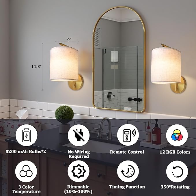Rechargeable Battery Operated Wall Sconces Set of 2 Wireless Wall Lights with Remote Control 12 RGB Colors Magnetic Bulbs 5200mAh Battery Wireless Sconces for Bedroom Living Room (Gold) - Bloomnest