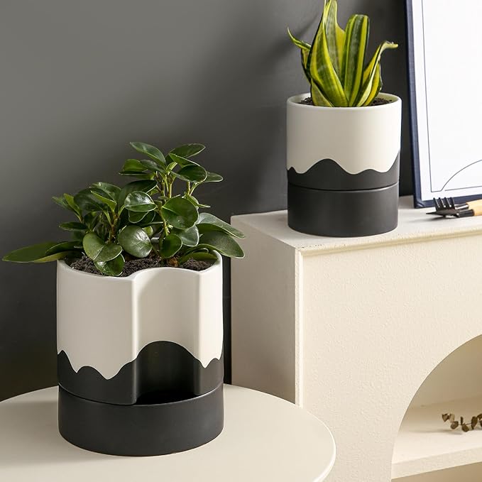 Nihow Self Watering Plant Pot: 8 Inch Ceramic Planter with Drainage Hole & Water Storage Plus for Indoor & Outdoor Plants - Cylinder Round Flower Pot for Succulent/Herbs/Violets - White & Wave Black - Bloomnest