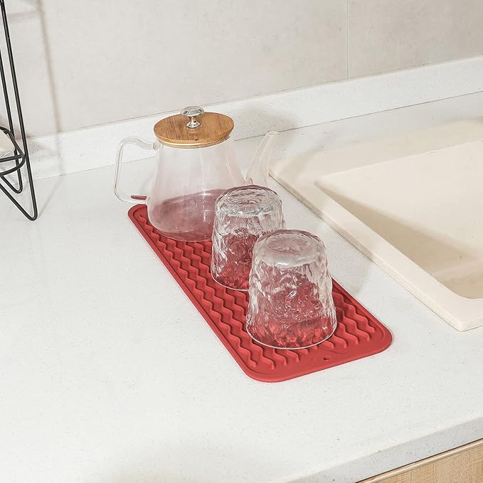 Silicone Dish Drying Mat for Multiple Usage,Easy clean,Eco-friendly,Heat-resistant Silicone Mat for Kitchen Counter,Sink,Bar,Bottle,or Cup Red M 17 inches x 6 inches - Bloomnest