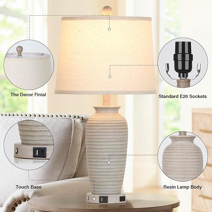 25" Farmhouse Jar Table Lamps Set of 2, 3 Way Touch Control Rustic Bedside Lamps with USB A+C Ports & AC Outlet, Pot Nightstand Lamps for Bedroom Living Room (LED Bulbs Included) - Bloomnest