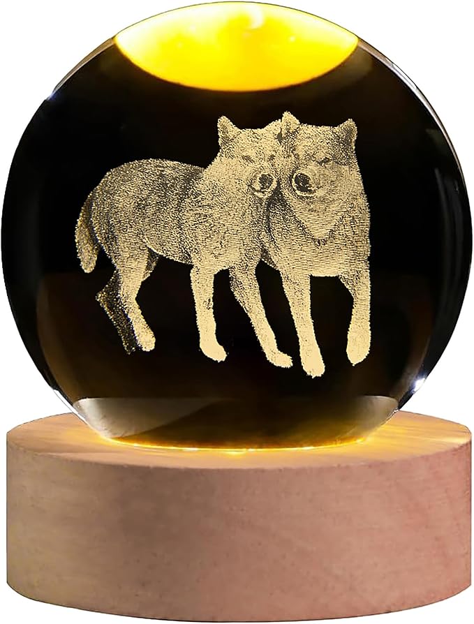 3D Wolf Crystal Ball with LED Light Base, 60mm Glass Sphere Decorative Balls, Wolf Figurine Lamp Gifts for Women Kids - Bloomnest