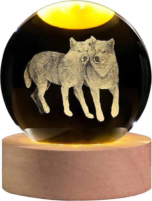 3D Wolf Crystal Ball with LED Light Base, 60mm Glass Sphere Decorative Balls, Wolf Figurine Lamp Gifts for Women Kids - Bloomnest