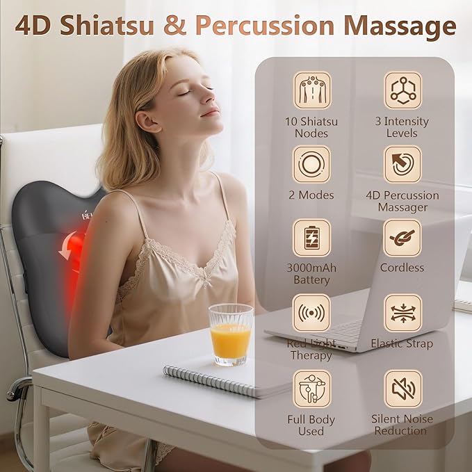 belhope Shiatsu Back Massager with Heat,Percussion Massage Cordless Back Massage for Pain Relief Deep Tissue.4D Kneading Massage,Gift for Men Women Parents Relaxation at Christmas Office Car,Black
