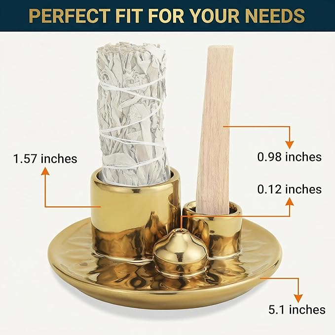 Handmade Ceramic Incense Burner for Palo Santo Incense Sticks, 4 in 1 Multi-Purpose Sage Holder for Burning, Ash Catcher Tray for Meditation Yoga Room (Golden) ToolSentryX