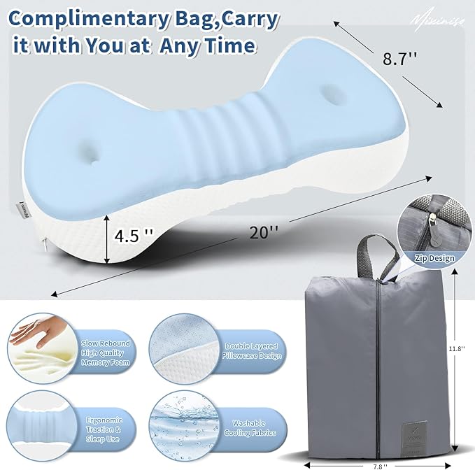 Neck Support Pillow, Small Cervical Neck Roll Pillow Memory Foam, Cervical Traction Device, Premium Neck Bolster Pillow for Side Sleepers, Camping & Travel Pillow with Portable Bag (sky blue) - Bloomnest