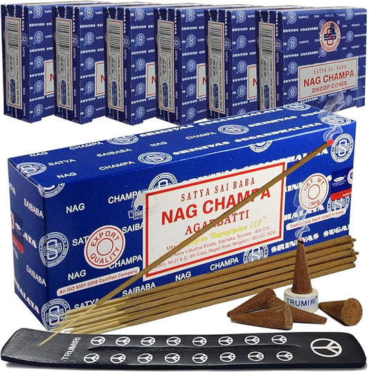 Nag Champa Incense Sticks 250g and Cones Variety Pack with Burner Holder Bundle from Satya Incense 250g Trumiri for Smudging and Aroma