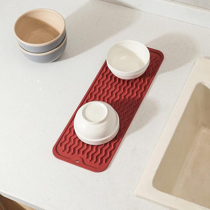 Silicone Dish Drying Mat for Multiple Usage,Easy clean,Eco-friendly,Heat-resistant Silicone Mat for Kitchen Counter,Sink,Bar,Bottle,or Cup Red M 17 inches x 6 inches - Bloomnest