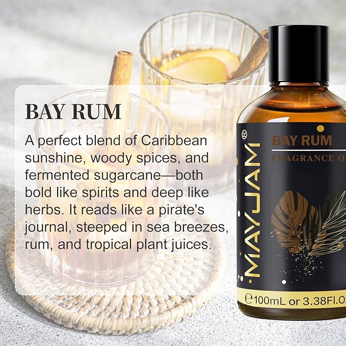 Bay Rum Fragrance Oil Essential Oil, MAYJAM 3.38FL.OZ Bay Rum Oil for Diffusers for Home, Long Lasting Scented Oils for Soap Candle Making - 100ML MAYJAM
