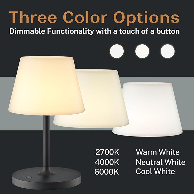 Cordless Lamp, 5000mAh Battery Operated Rechargeable Table Lamp with Power Bank, Touch Dimmable 3 Color Temperatures, IP44 Waterproof Shower Lamp for Kitchen, Bathroom, Indoor Or Outdoor Use 9.6in - Bloomnest