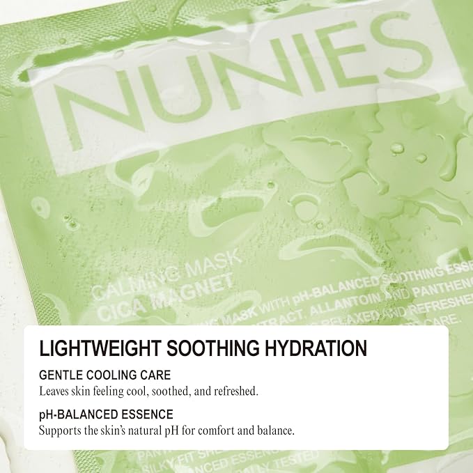 NUNIES Calming Sheet Mask – Korean Soothing Face Mask for Redness & Sensitive Skin | CICA, Allantoin & Panthenol | pH-Balanced | Alcohol-Free, Fragrance-Free, Colorant-Free | 5 Sheets - Bloomnest