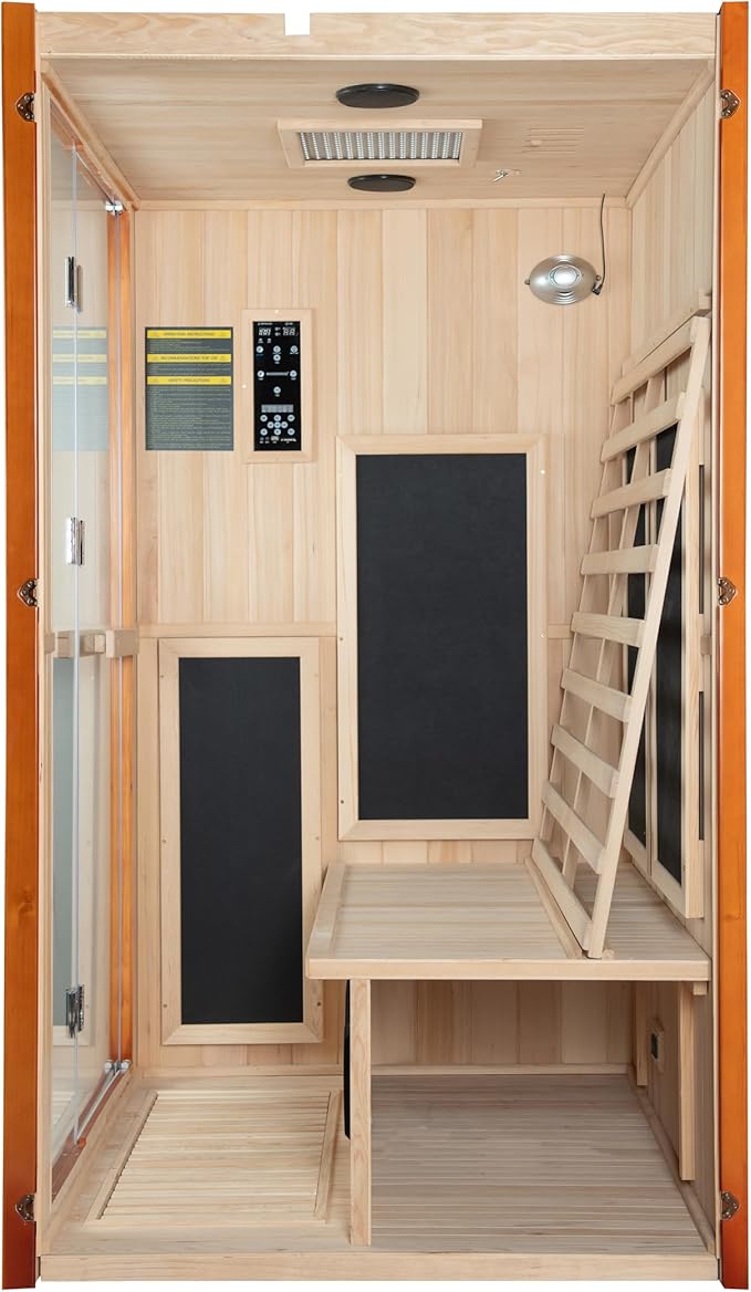 Woodbridge Infrared Home Sauna Room 2 Person Japanese Cedar Indoor Sauna with 7 Carbon Heaters, Red Light Therapy, Bluetooth Speaker, Intelligent Control Panel, Tempered Glass & Top Vent WOODBRIDGE