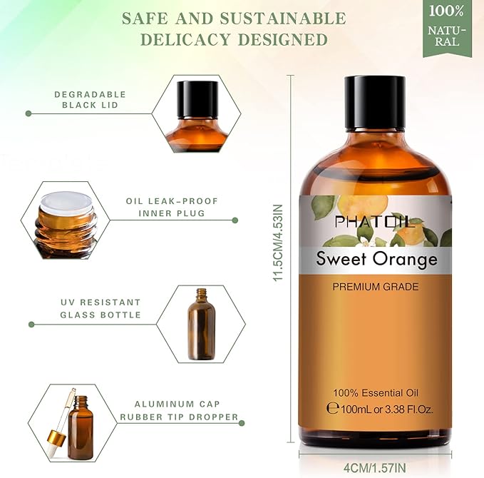 Sweet Orange Essential Oil, 3.38Fl.Oz PHATOIL Pure Essential Oil Singles for Aromatherapy Diffusers, Humidifiers, Great for DIY Candle and Soap Making, Gift for Friend PHATOIL