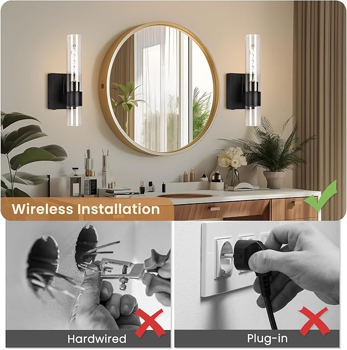 BELS Battery Operated Wall Sconces Set of Two, 13 Inch Black Wireless Wall Light with Clear Glass, Dimmable, 4000K, Remote Control, Rechargeable Wall Sconce for Bedroom, Living Room, Hallway - Bloomnest