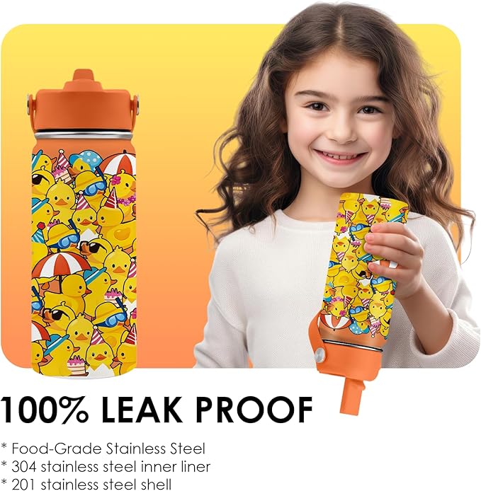 Duck Gifts for Boy Girls - 16oz Kids Water Bottle with Straw, Rubber Duck Stainless Steel Water Bottles Insulated, BPA-free, Leak-proof, Cute Cartoon Tumbler for School, Travel, Children Gift Cup(1pc) - Bloomnest