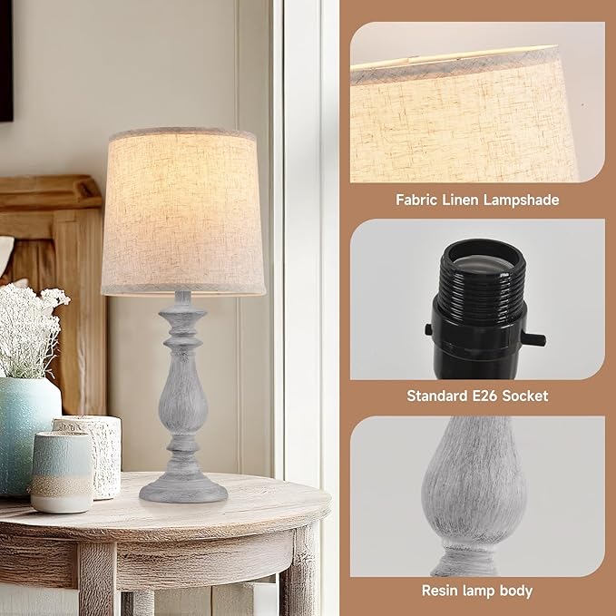 Lamps Set of 2 Vintage Rustic Farmhouse Table Lamps Bedside Reading Lamp Bedroom Nightstand Living Room Teapoy Lamp, Desk Light, 22 Inch High,Light Grey, with Fabric Shade, Bulb Not Included - Bloomnest