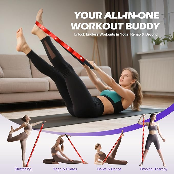 ROSAPOAR Stretching Strap with Loops - Non Elastic Yoga Straps for Physical Therapy, Durable Stretch Bands for Exercise, Flexibility Training, Hamstring & Leg Stretcher, Yoga/Pilates/Gymnastics - Bloomnest