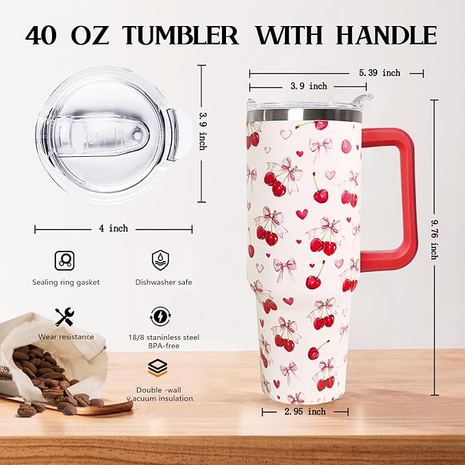 40oz Cherry Bow Coffee Mug Cup Water BottlesTumbler With Handle Lid and Straw,Cherry Decor Stuff Accessories - Bloomnest