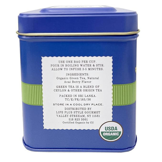 Organic Ceylon Acai Berry Green Tea - 50 Packets - Natural Antioxidant Rich Herbal Leaf Teabags - USDA Certified 100% Non-GMO - Caffeinated Designer Gift Tin - Bloomnest