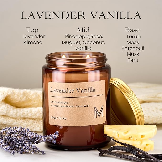 M&SENSE Lavender Vanilla Home Scented Candle | 19.4oz, 115-Hour Burn | Natural Organic Soy Wax | Long-Lasting for Stress Relief and Gifting | for Bedroom，Relaxing SPA，Office - Bloomnest