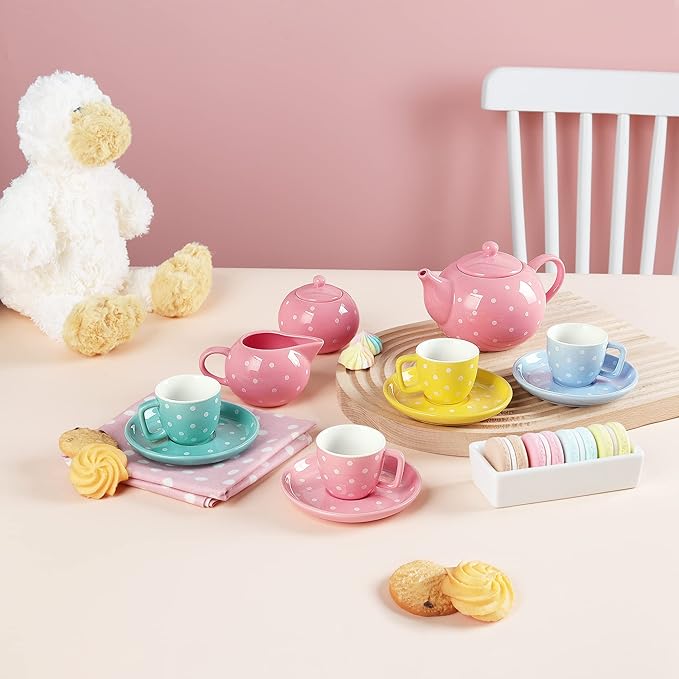fanquare Porcelain Tea Set for Little Girls,12 Pieces Pretend Play Coloful Tea Set with Pink Box for Kid's Birthday - Bloomnest