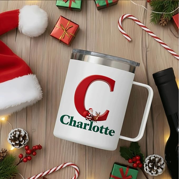 Personalized Christmas Insulated Mug w/Handle, Custom Initial Name, Santa Reindeer Design, Stainless Steel Tumbler, Hot/Cold Drinks, Unique Holiday Gift for Men, Women, Kids(B121) - Bloomnest