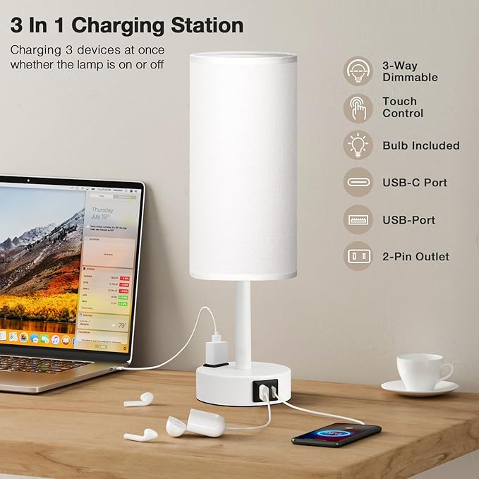 Fenmzee Matte White Bedside Table Lamp for Bedroom - 3 Way Dimmable Touch Lamp USB C Charging Ports and AC Outlet, Small Lamp Round Flaxen Fabric Shade for Living Room, Desk, LED Bulb Included - Bloomnest