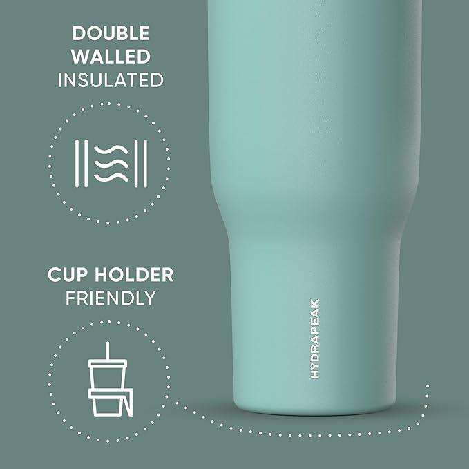 Hydrapeak Voyager 40 Oz Stainless Steel Tumbler with Handle, Insulated Water Bottle With Straw & Lid, Cupholder Friendly Reusable Travel Mug (Pale Sage) - Bloomnest