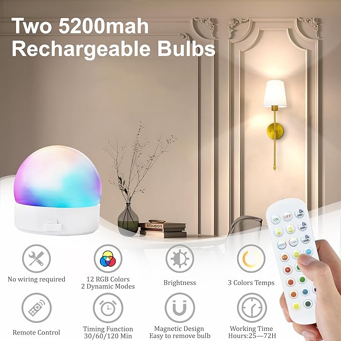 Battery Operated Wall Sconce Set of 2, 15 Colors Rechargeable Wall Lights with Dimmable Bulbs and Remote, Gold Wireless Wall Lamp for Living Room Hallway Bedroom - Bloomnest