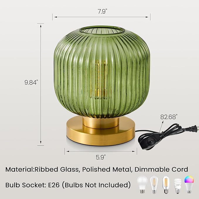 Mid Century Green Table Lamp: Vintage Ribbed Globe Pumpkin Glass Dimmable Plug in Small Bedside Lamps - Cute Brass Gold Modern Side Table Lamp Nightstand Light for Bedroom Entryway Desk Living Room - Bloomnest