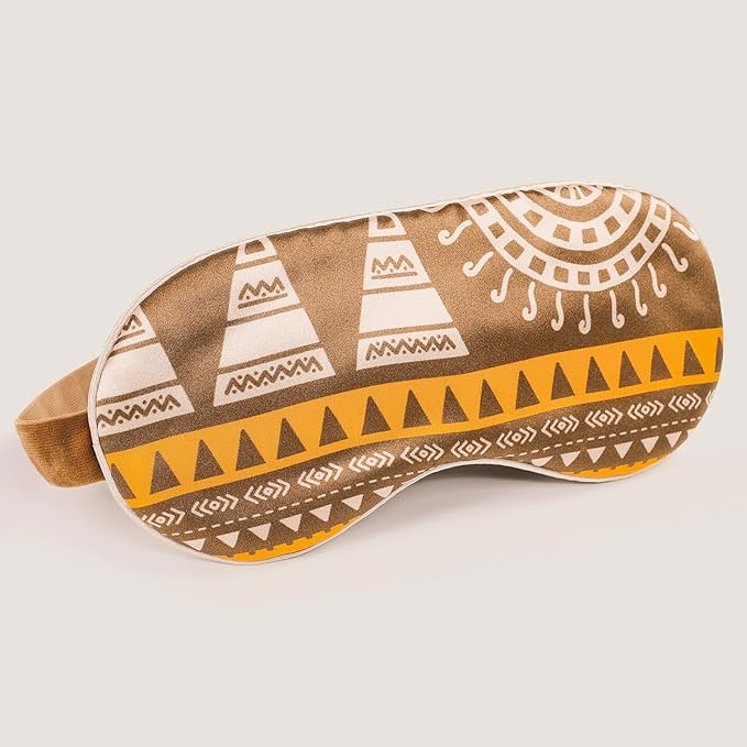 22mm Mulberry Silk Beauty Sleep Mask with Velvet Band & Travel Pouch, Light Blocking, Hair & Skin Friendly, Brown African Totem Print, Gift Packaging - Bloomnest