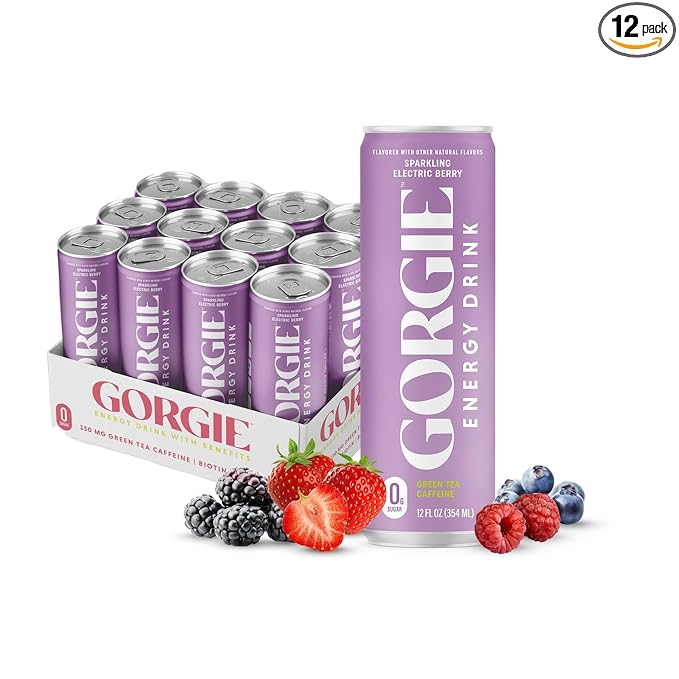 GORGIE Sugar Free Natural Energy Drinks, Wild Berry (12 Pack) - Healthy Energy Drinks - Natural Coffee Replacement with Green Tea Caffeine and Biotin - 150mg Caffeine, Vegan, & Low Calorie - Bloomnest