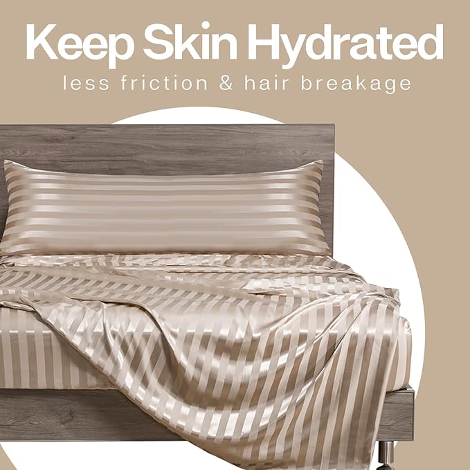 MR&HM Satin Body Pillow Cover, Soft and Breathable Body Pillow Case with Envelope Closure, Cooling and Silky Long Pillowcase for Hair and Skin,Grey (20x54, Champagne Striped) - Bloomnest