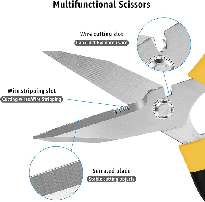 Utility Scissors Heavy Duty: 8-Inch sharp Scissors All Purpose heavy duty, Serrated Blades Cut Carpet, Cardboard, Wire, Leather, Fabric, Multipurpose Shears for Kitchen, Garden, Office, Craft - Bloomnest