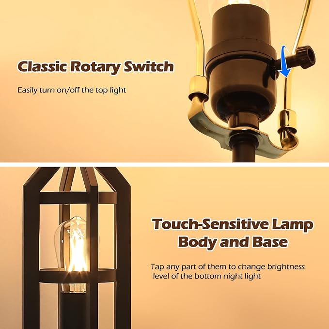 Farmhouse Table Lamps for Living Room Set of 2, 3-Way Dimmable Touch Control Bedside Lamps with 2 USB Charging Ports, Bedroom Reading Lamps for Nightstand, Rustic Home Decor, 4 LED Bulbs Included - Bloomnest