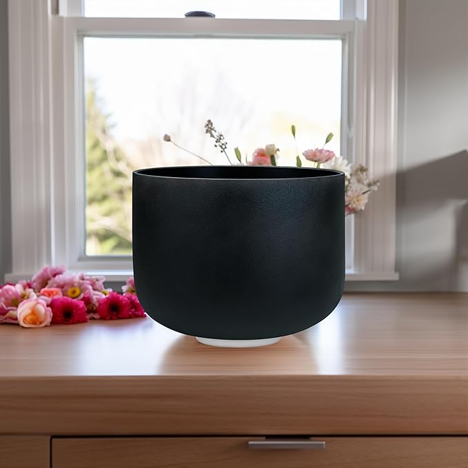 TOPFUND Black D# Note Crystal Singing Bowl Navel Chakra 8 inch with Heavy Duty Carrying Case and Suede Mallet - Bloomnest