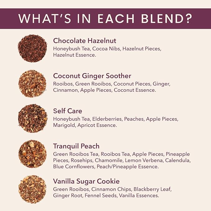 Herbal Tea Sampler – 5 Caffeine-Free Loose Leaf Blends for Sleep and Relaxation, Fruity and Dessert-Inspired Flavors, 75 to 100 Cups – Handcrafted in USA – Plum Deluxe - Bloomnest