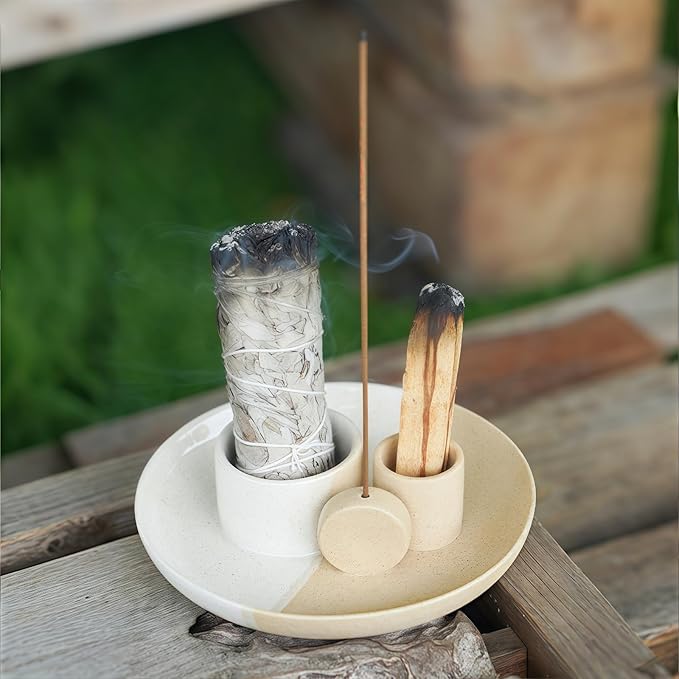 4 in 1 Incense Holder, Ceramic Incense Stick and Palo Santo Holder,Sage Holder for Burning- 5.5" Ceramic Ash Catcher Tray for Meditation and Yoga Room (White Sand) - Bloomnest