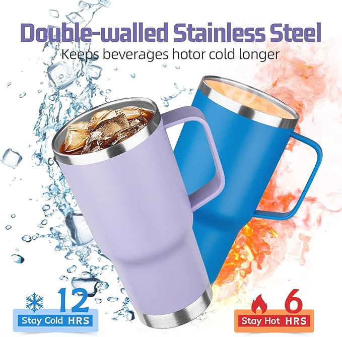 20 oz Tumbler with Handle Stainless Steel Insulated Coffee Mug Tumbler with Lid and Straw Double Wall Vacuum Insulated Coffee Mug Leak Proof Travel Tumbler for Hot and Cold Drink (Pale Purple,4pack)