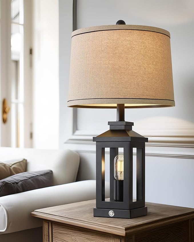 23.75" Retro Farmhouse Black Table Lamp for Living Room Bedroom Nightstand Single Pack Touch Control Bedside Nightlight Vintage Modern Lamp with USB C+A Ports and 2 Light Sources - Bloomnest