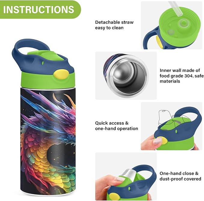 Dragon Galaxy Colorful Kids Water Bottle with Straw Lid Insulated Tumbler with Handle Stainless Steel Reusable Toddlers Cup for Kids Boys 12 oz - Bloomnest