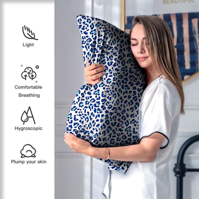 Mulberry Silk Pillowcase for Hair and Skin Standard Size Leopard Print Pillow Cases with Zipper Soft Breathable Smooth Cooling Covers for Sleeping (Blue Leopard, 20"X 26",1Pcs) - Bloomnest