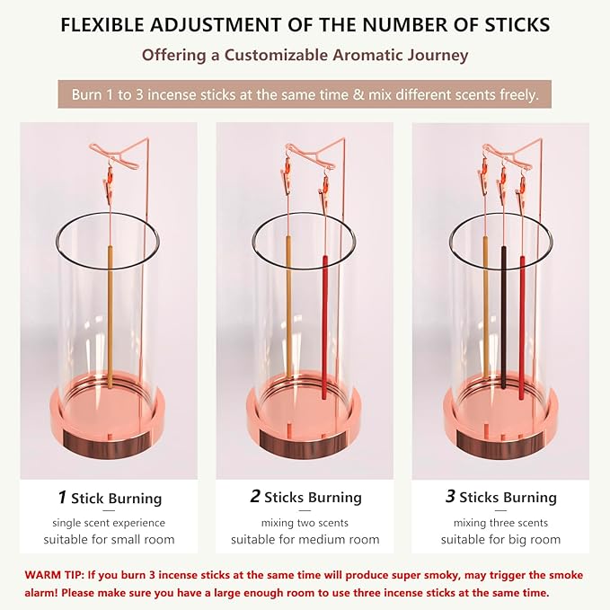 Incense Holder Ash Catcher - Upside Down Glass Incense Holder for Sticks, Reverse Inverted Anti Ash No Mess Insence-Stick Holder, Modern Metal Decorative Vertical Incense Burner, Rose Gold - Bloomnest