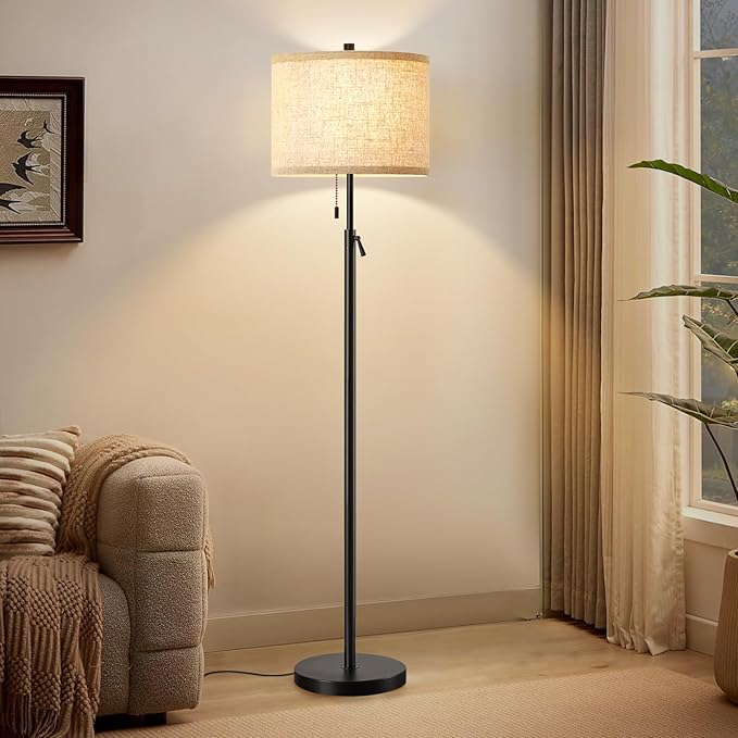 GyroVu Black Floor Lamp, Height Adjustable Standing Lamp Tall Lamp with Fabric Lampshade&Pull Chain Corner Floor Lamps for Living Room, Bedroom & Office Bulbs Not Included(Black Base) - Bloomnest