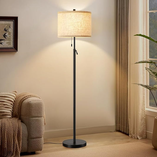 GyroVu Black Floor Lamp, Height Adjustable Standing Lamp Tall Lamp with Fabric Lampshade&Pull Chain Corner Floor Lamps for Living Room, Bedroom & Office Bulbs Not Included(Black Base) - Bloomnest
