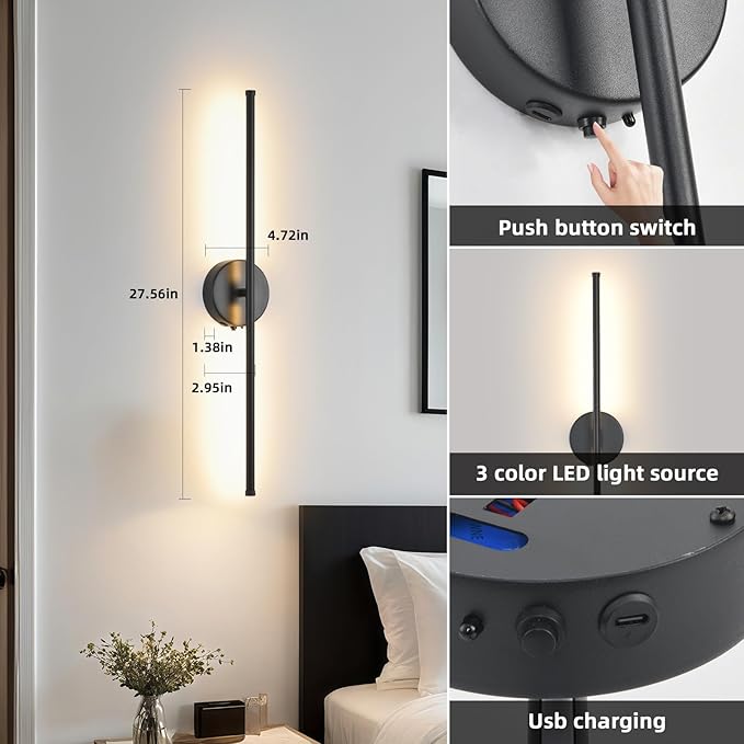 Wall Sconces Battery Operated Set of 2, Black LED Wireless Wall Sconce with Remote Control 350° Rotating, 27.6 Inch Dimmable USB Rechargeable Wall Lights for Living Room Bedroom Hallway - Bloomnest