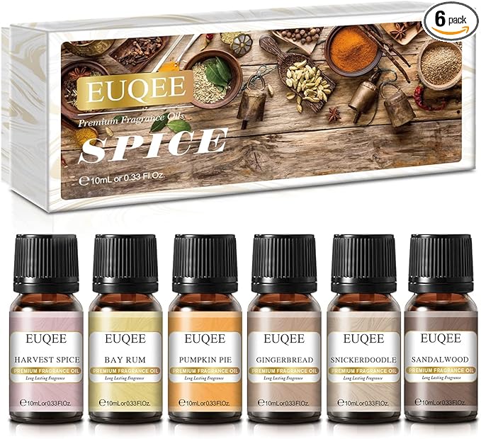 EUQEE 6PCS Spice Autumn Fragrance Oil Set, Scented Oils for Candle Making, Diffusers Aromatherapy Halloween Fragrance Oils for Diffuser & DIY Candles-Sandalwood, Harvest Spice, Bay Rum, Snickerdoodle EUQEE